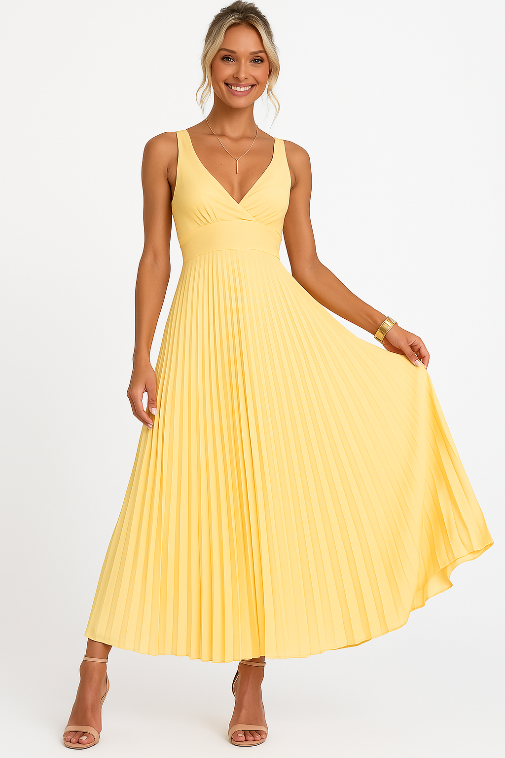 Aby, Maxijurk, V-Hals, Geel, Zomerjurk, Elegant, Luchtig, Plissé, Comfortabel, Dames, verenabrussels