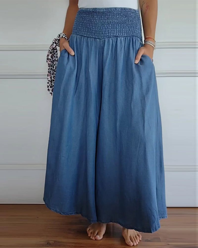 Berendina, Damesbroek, Elastische Tailleband, Comfort, Wijde Pijpen, Ademend, Boho Stijl, Katoenmix, Denim Look, Verenabrussels